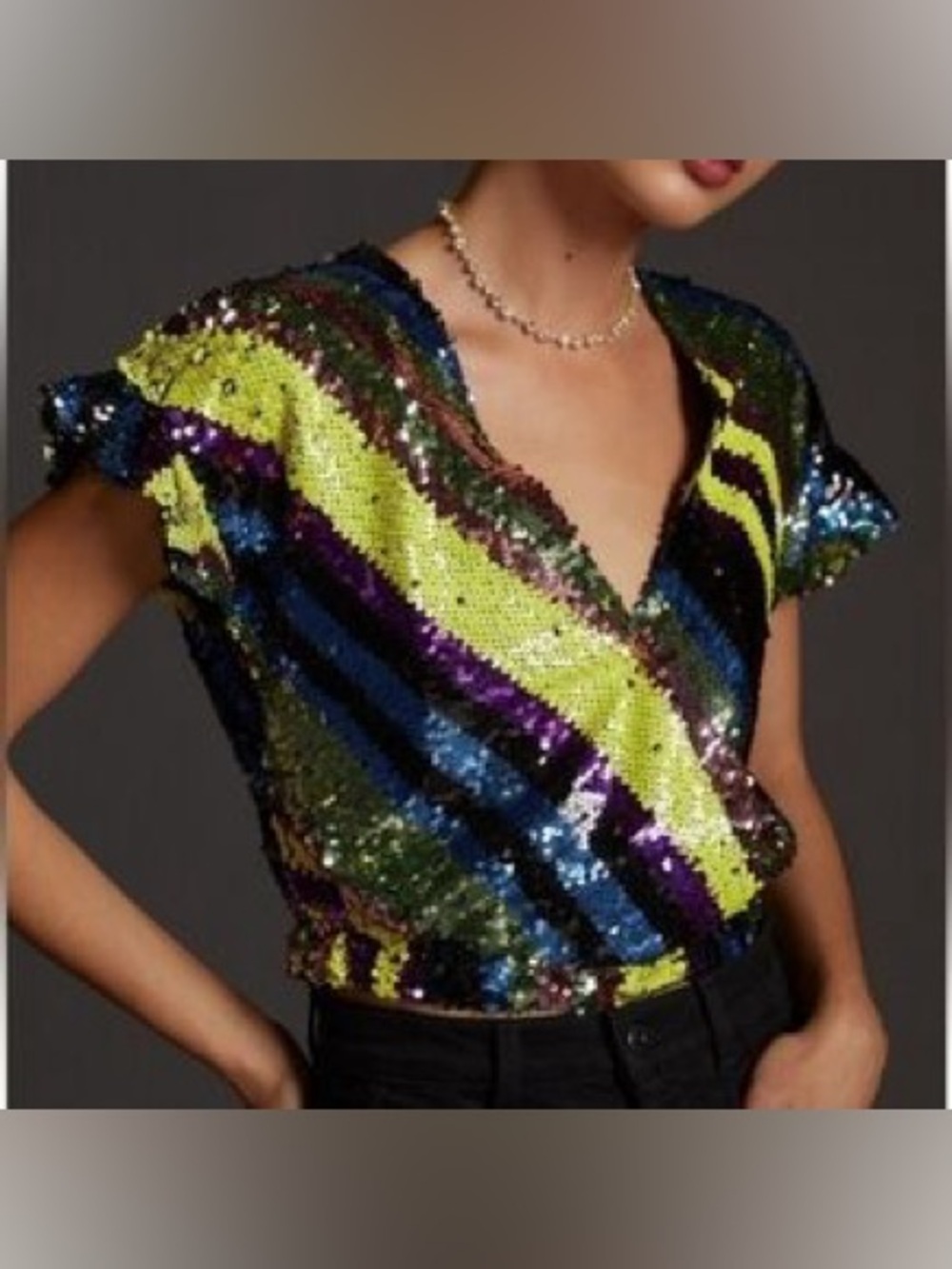 Rdalama for Anthropologie Multi-Color Sequin Wrap Crop Top